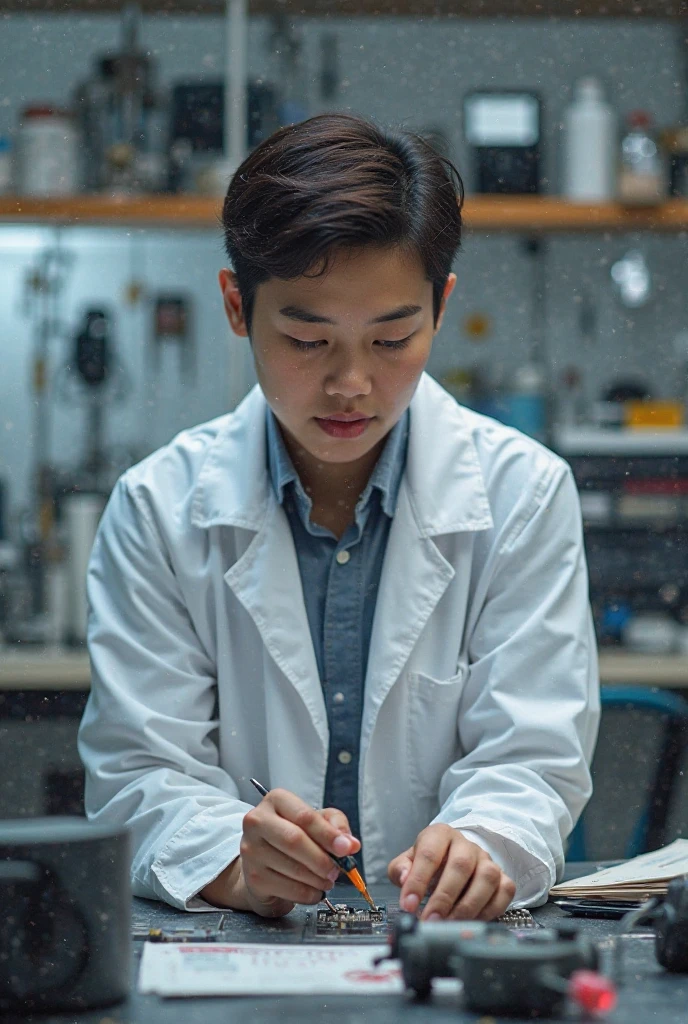 Person writing their personal information on a small cylindrical plastic stool collection container for laboratory analysis