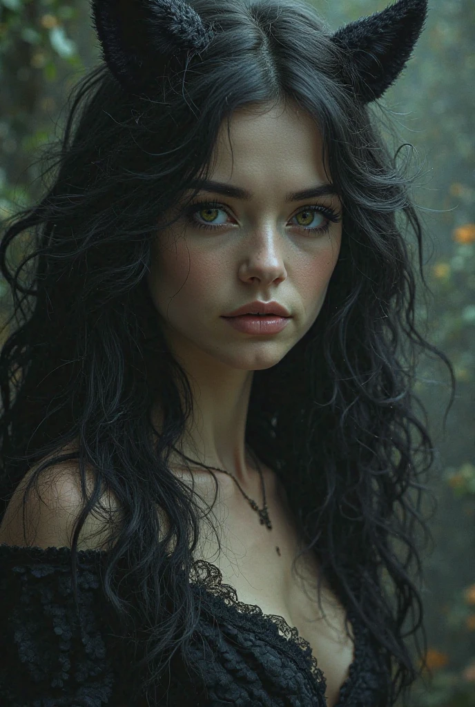 arafed woman in a black dress with cat ears and a black dress, curly dark hair, black long curly hair, long black curly hair, long dark curly hair, with haunted eyes and curly hair, curly black hair, black curly hair, long wild black curly hair, long curly black hair, soft portrait shot 8 k, long curly hair intricate