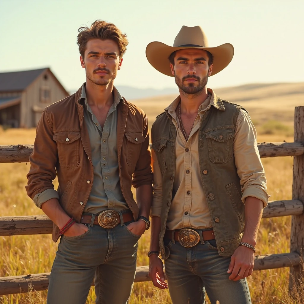 A cute handsome young shirtless man getting off a wagon with a cowboy friend on a farm