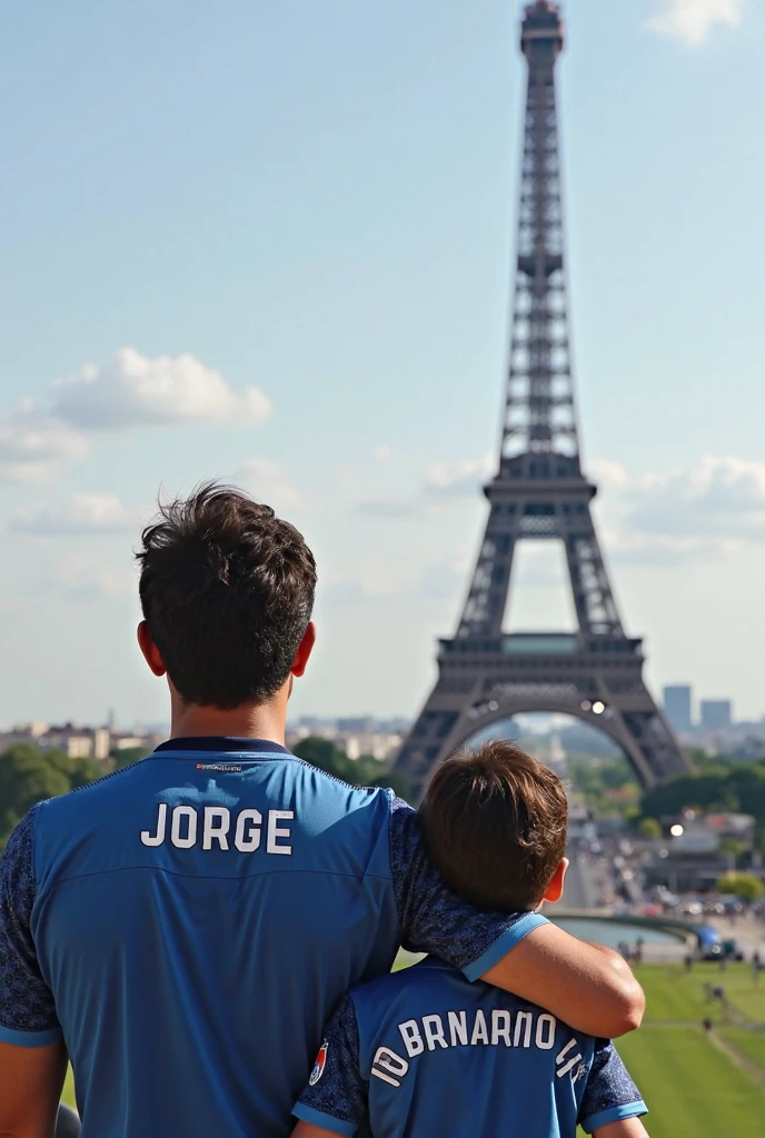 Two boys sitting in a garden with the Eiffel Tower in the background hugging each other. The tallest one is white, half straight half wavy black hair. His eyes are black. He wears a dark blue striped t-shirt with white and blue shorts.. He is sitting on the grass with his legs crossed hugging the other boy.. The smallest one is black, has brown eyes, Short Wavy Black Hair, wears round black glasses, wear mustard t-shirt, with blue jeans. He is sitting on the grass with his legs hugged. they are Disney Pixar 3D Animated Characters