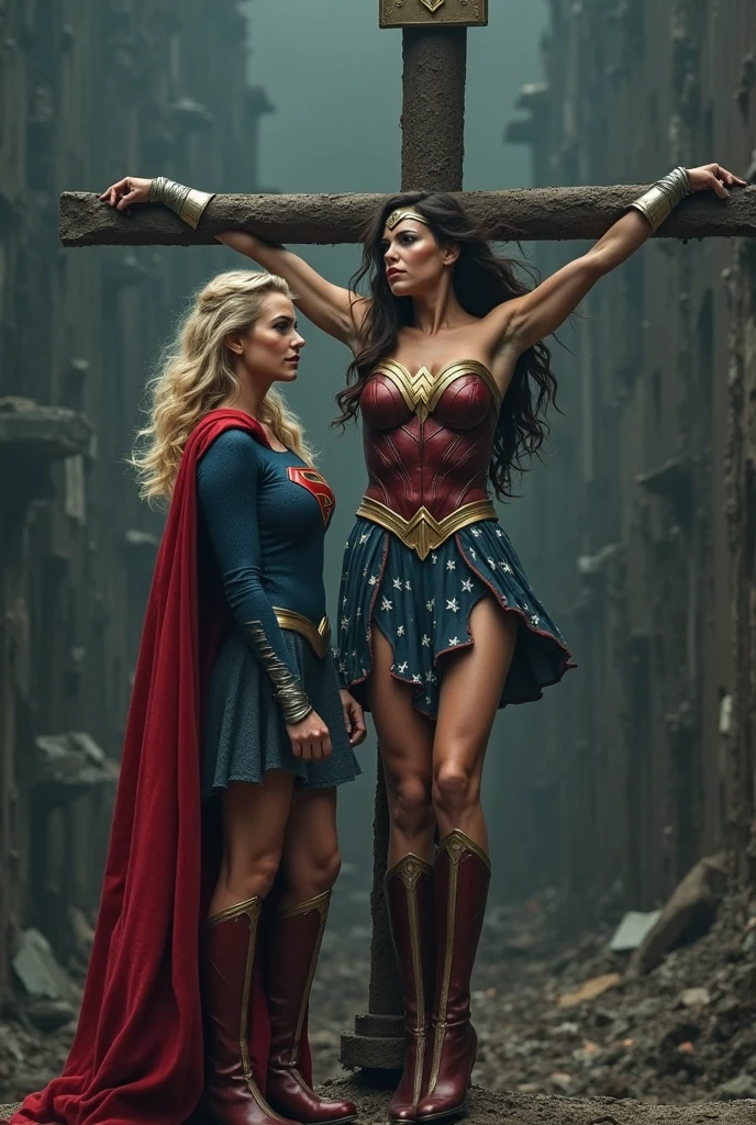 (((In the foreground a beautiful woman with blonde hair under the cloak of the Kryptonian Kara zor-El alias Supergirl Man Of Steel Movie costume Red skirt and superman emblem on her suit kneeling with on the body of her partner killed in battle screaming and crying Wonder Woman Long black hair Wonder Woman 84 Movie costume Red corset Wonder Woman diaema on her forehead blood on her body and face blood all around her skulls Cursed cemetery(((Images without any deformity in their limbs)))