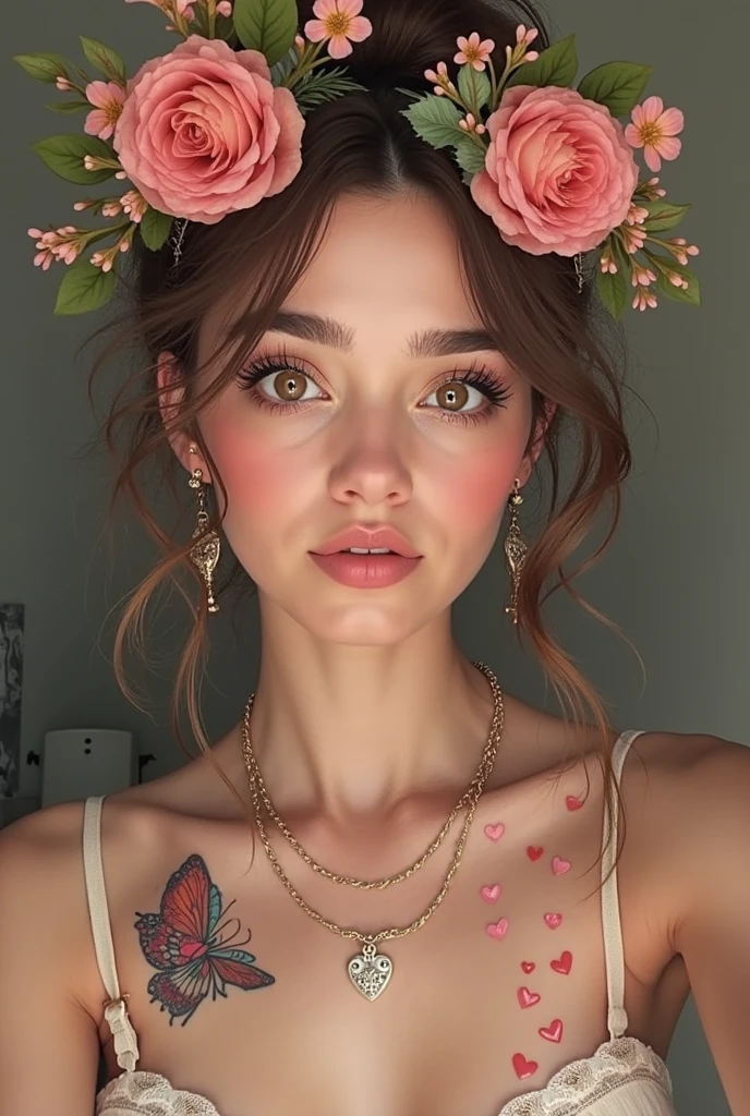show extremely detailed portrait of full head with flowers in her hair in a rough colored sketch with watercolor, olhos extremamente detalhados, Olhos bonitos, imagem completamente centralizada, white space around the drawing, foco nas linhas do rosto, aquarela gotejante, contornos de tinta, Arte de Carne Griffiths misturada com Alfonse Mucha, 32k resolution, best possible quality, tipo boneca