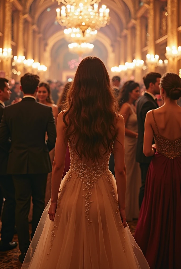 several couples dancing in ballroom clothes in an old-fashioned and chic setting. focusing on a brown haired girl walking