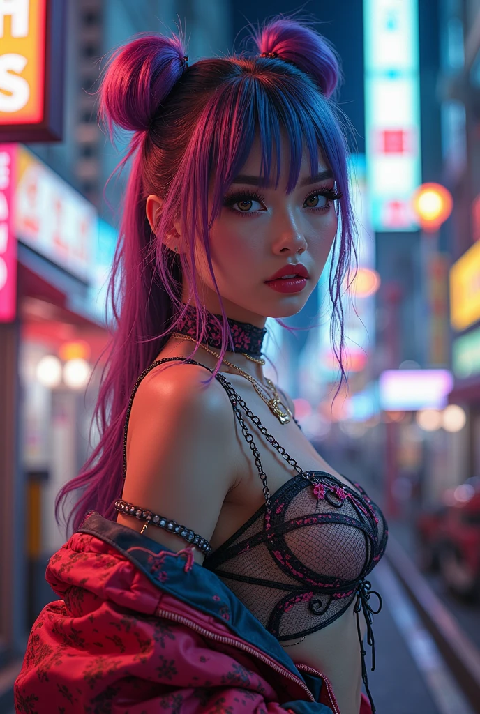 cyberpunk girl,(((1girl))),((cute and beautiful rainbow haired girl)),

(large breasts:1.4),saggy breasts,really wild hair, mane, multicolored hair lighting, rainbow hair,((((wild hair)))),The beauty of extra-long hair, Super Long Straight Hair,bangs,(((neon_rainbow_eyes:1.3))),intricate eyes,beautiful detailed eyes,symmetrical eyes,((fat)),(((lustrous skin:1.5,bright skin: 1.5,skin tanned,shiny skin,very shiny skin,shiny body,plastic glitter skin,exaggerated shiny skin,illuminated skin,wet legs))),(spider lower abdomen,narrow waist,wide hip,athletic body,inflated legs,detailed body,(detailed face)),

cute,slutty,erotic,((nsfw)),

zettai ryouiki,underwear miniskirt uniform,Perfect body slim curvesThe shirt is fully open:1.4,The chest is completely open,Shirts are worn over underwear, (Shirts are worn over underwear: 1.3),absurdres,white button-down blouse,There is a collar,Black Slit Skirt,(Black pantyhose),Long legs,Detailed legs,High heels,cleavage,,(((wet clothes,intricate outfit,intricate clothes))),

Goddess-like posture,Kneeling exercise,:1.0,embarrassed,(centered,scale to fit dimensions,Rule of thirds),

cyberpunk city by the ocean at night, with bright neon signs and dark stormy clouds and puddles, scenery:1.25,

artistic photography,(photography taken by sldr),highres, sharp focus, (ultra detailed, extremely detailed), (photorealistic artwork:1.37),(extremely detailed CG unity 8k wallpaper),((synthwave background theme)),(((vibrant colors))),(intricate background),(masterpiece),(best quality),