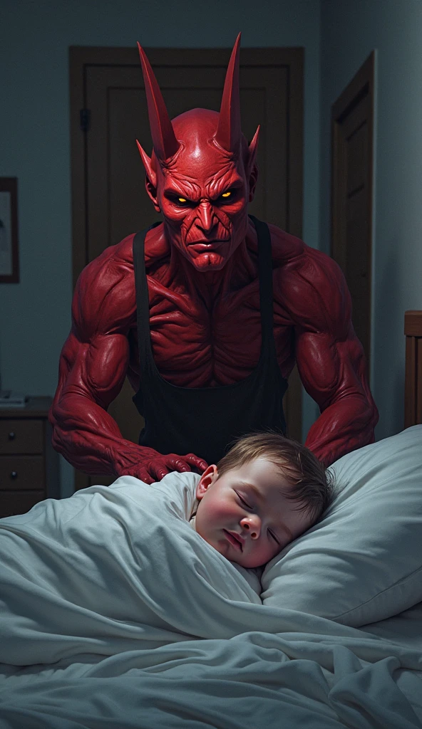 Red Satan talking to a crying child and making him fall to the ground and the child's father