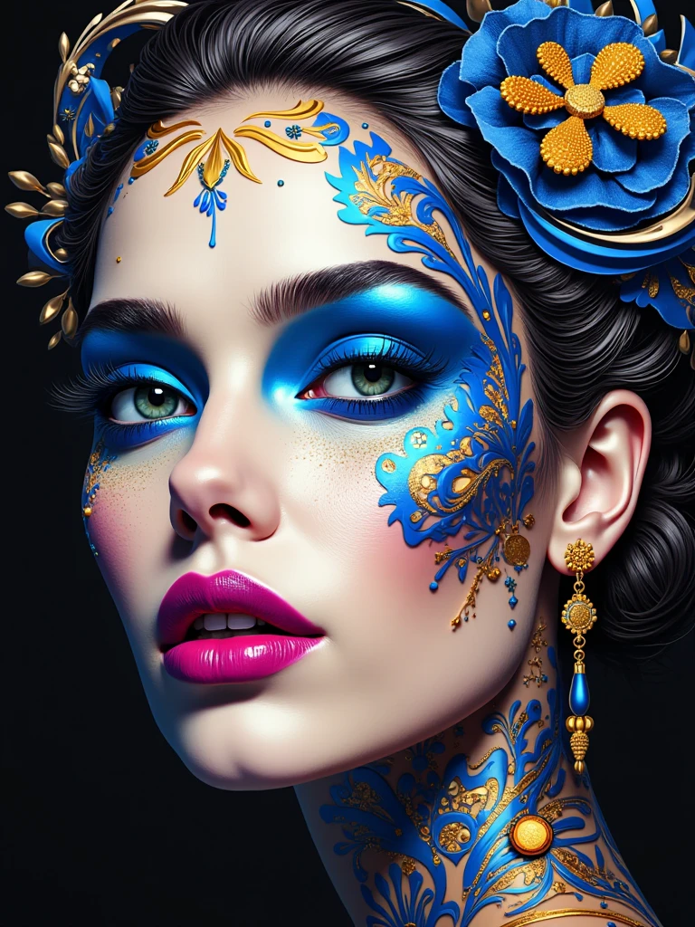a captivating woman's visage adorned with vibrant blue and gold accents, surrounded by a dynamic interplay of bold geometric forms and swirling patterns, her lips a stunning gradient of electric pink and deep violet, set against a rich black background, high-resolution, intricate details, embodying a modern pop-art flair, with elements of surreal beauty and elegance.