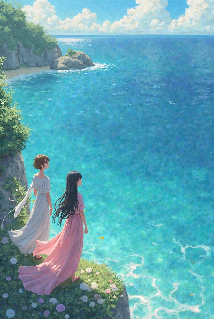 alone in the universe, Paint in watercolor style, Photorealism, discreet golden and ruby and mint shades, two (nudes) gentle, modest thin girls of 16 years old with tender nipples walk barefoot in the distance along the coast