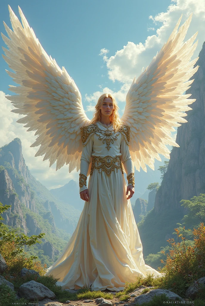 A gentle, white-winged male Asian feature albino angel (simple design) - Soft colors, with a subtle glow, white wavy 12" hair, white skin, purpled color eyes, most handsome masculine male angel, 11'0" tall, white and gold large wings, built-in gold armor on chest and arms, large muscular biceps, large thighs, chiseled ads, define jawline, pearl white lower garment, 32K UHD, masterpiece, best quality, style raw, walking through an enchanted garden of Eden. - Ethereal background, with a subtle texture, naked chest, lined with gold, Large white and Gold wings.