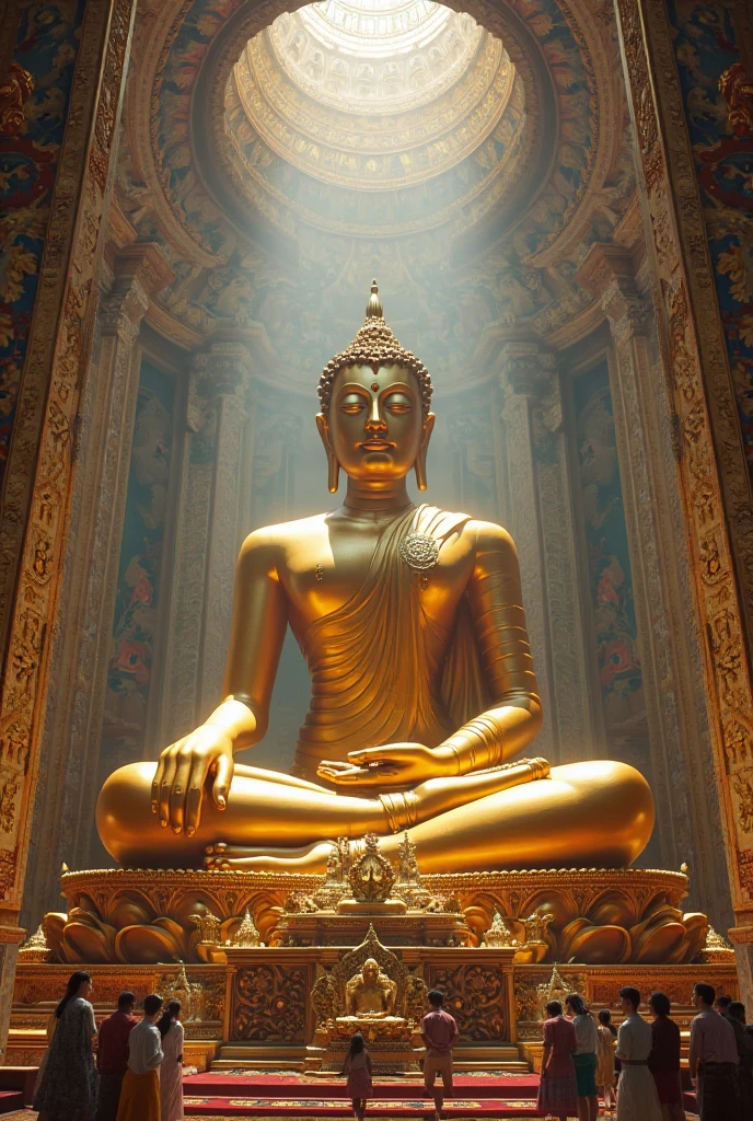 The golden Buddha statue sits on a lotus throne, There is a shining light overhead, surrealism, Chiaroscuro, Cinematic lighting, Vignetting, Fuji colors, f/2.8, hasselblatt, hyper HD, Masterpiece, ccurate, Anatomically correct, Super detail, High quality, Award-Awarded, Best quality, 8K