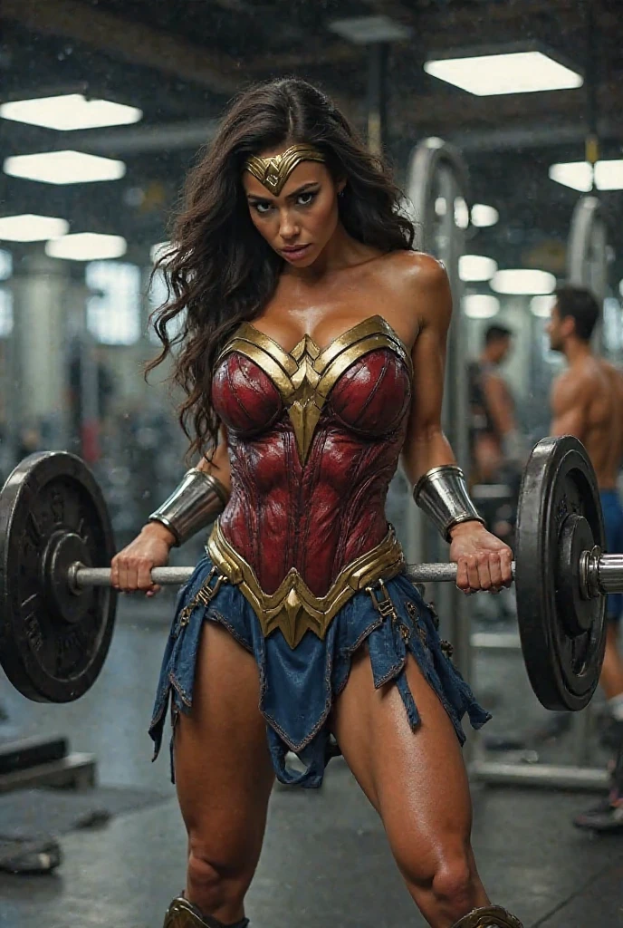 Foto de (gal gadot), ((Mulher-Maravilha realista)), 8k, Hero costume, ((corpo musculoso feminino)), realista, foto, volumeric lighting, altamente detalhado, , fotorrealismo, alto detalhe, ((fisiculturista)), (((Lifting Weight Weight Bodybuilding)))