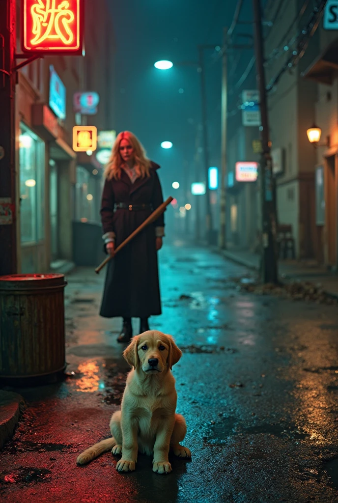 film scene of woman and a white wolf in a dystopian city, cinematic, vibrant, volumetric lighting, blade runner 1980s vibe, night, colorful, rain. The woman is wearing high fashion black coat, she has blonde hair, blue eyes, beautiful shoes. Beautiful cinematography, masterpiece, professional, trending,