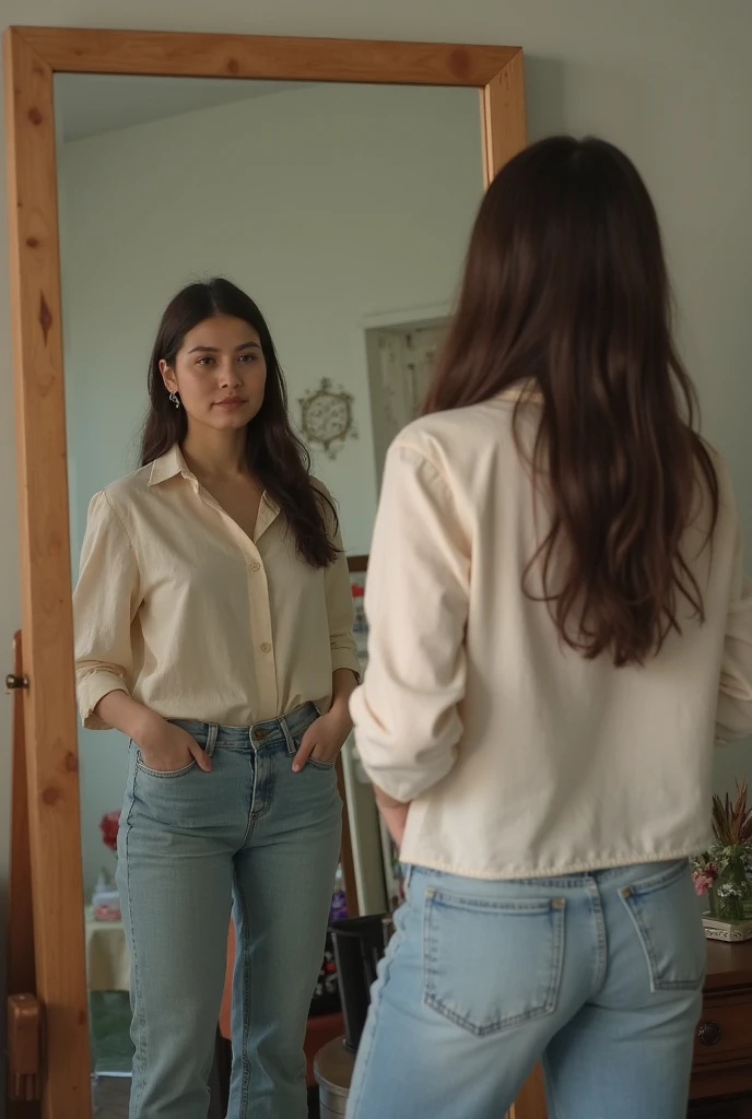 (pp clothes), from forehead, Indonesia school girl, waiting in line, front toilet door, peeing jeans