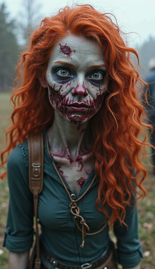 male green haired zombie with white skin, open wound on neck with blue blood dripping from it, wearing a school football logo jacket, a orange speedo, and a spiked collar