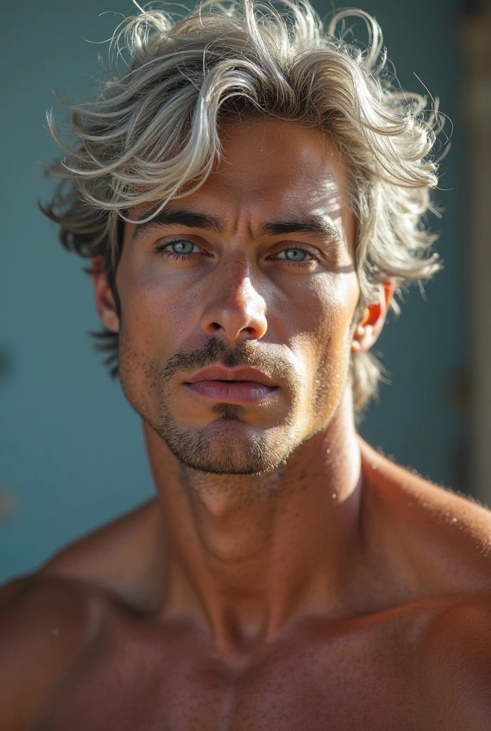 masterpiece, best quality, high resolution, closeup portrait, male focus, solo focus, A man, 4, grey hair, in speedo, grey silver hair, messy hairstyle, cute and seductive face, bare chest, body hair, facial hair, pale skin, sun freckles, roman nose, very skinny body, hairy legs, cute, dimples, beard, very hairy armpits, bold jawline , sweaty, in the background a beach on a cloudy day, view from below, amazing composition, front view, HDR, ultra quality, elegant, highly detailed