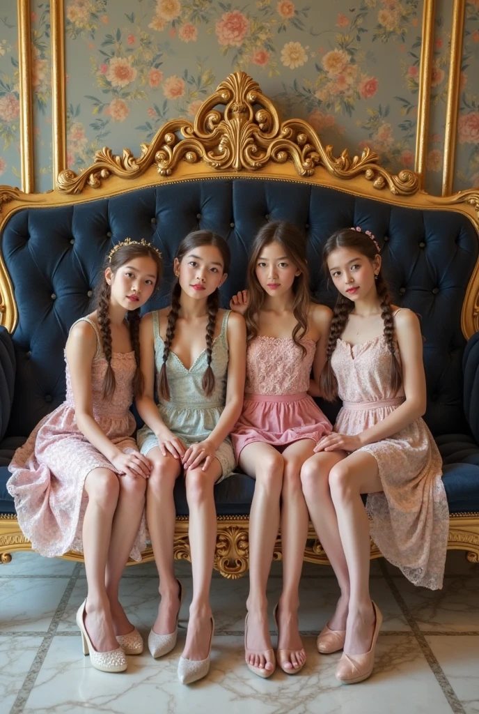 This image, titled "Three Blossoms of Whimsy: The Dreamy Slumber Party," presents a captivating and dreamy scene of three young adolescent girls, each beautifully dressed in their delicate yet alluring nightgowns adorned with whimsical designs and pastel hues. The girls exude an innocent charm that is both delightful and enchanting, their faces softly lit by a warm, ethereal glow, reminiscent of a Botticelli masterpiece. They are nestled in a cozy, pastel-themed bedroom, filled with plush toys and charming decorations, each girl comfortably cuddled up with a book.
The room is filled