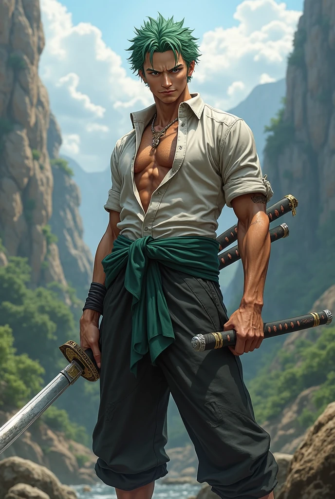 (masterpiece, better quality: 1.2), cowboy shooting, alone, Foco masculine, First grader, Roronoa Zoro, scar, muscular man, To smile, looking at the viewer, (二knife流: 1.2) knife, arm in arm, kimono, green kimono (((master part+highest quality+High resolution+super detailed))), Zoro\(one piece\), high nose, clear eyes, perfect eyes, noble and inviolable temperament, (([masculine]: 1.2 + [May]: 1.2 + green hair: 1.2)), pirate ship background, (one piece), Roronoa Zoro, green hair cortado, cowboy shooting, scar no olho, musculoso masculine, (二knife流:1.2), knife, arm in arm, kimono, green kimono, Dynamic angles and postures.
name: Roronoa Zoro Idade: 21 years old height: 1,Weight 81m: 78kg Place of origin: east blue, Physical Description: Zoro is a skilled swordsman with a distinctive appearance. 彼はボサボサの緑色の髪と左目に3つのscarを持っています, This is the result of your rigorous training.. His athletic ability and toned muscles、reflects his strength and physical ability。. He usually、He is seen wearing an open shirt and green pants, Not only does he carry three swords on his back,、. Personality: Zoro is known for his serious and determined nature. Highly loyal to friends、I&#39;m willing to risk my life to protect my friends.。. His constant quest to become the strongest swordsman in the world、Often leads to intense training and challenging powerful opponents。. Despite its intimidating appearance, Zoro has a dry sense of humor and often engages in funny moments with his teammates.