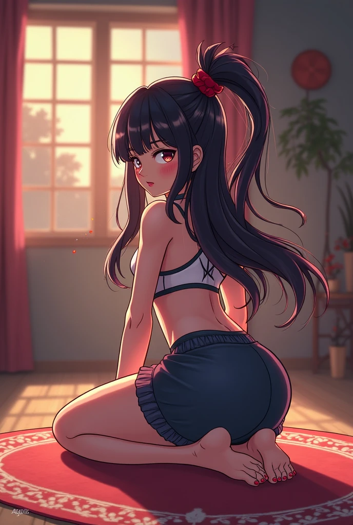 black hair, female, twin drills, solo, smol, pink eyes, massive breasts, oppai loli, very long hair, wear open cut black tight tank top and massive diaper, crawl on all fours inside room, masterpiece, ultra high quality