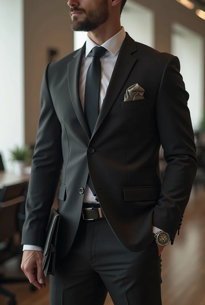 Create a man in a black suit holding a camera