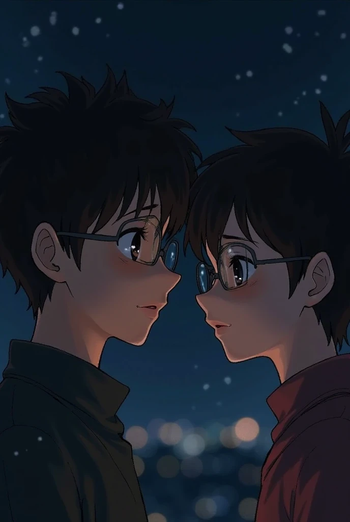 Book title :  One-Sided Love Author&#39;s Name: Felipe Prianti Book Genre: Romance Environment: starry night city Main elements: Two boys watching the stars through a telescope, one of them has black hair with bangs and wears round glasses, the other is dark, curly hair a little light, both are thin and the dark-haired one is taller

