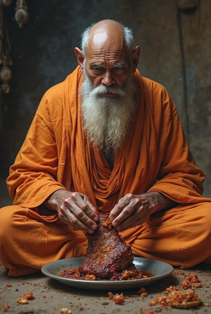 A Hindu Brahmin pandit eating meat