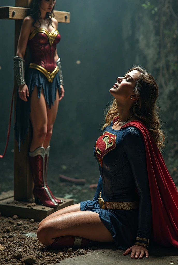 (((In the foreground a beautiful woman with blonde hair under the cloak of the Kryptonian Kara zor-El alias Supergirl Man Of Steel Movie costume Red skirt and superman emblem on her suit kneeling with on the body of her partner killed in battle screaming and crying Wonder Woman Long black hair Wonder Woman 84 Movie costume Red corset Wonder Woman diaema on her forehead blood on her body and face blood all around her skulls Cursed cemetery(((Images without any deformity in their limbs)))
