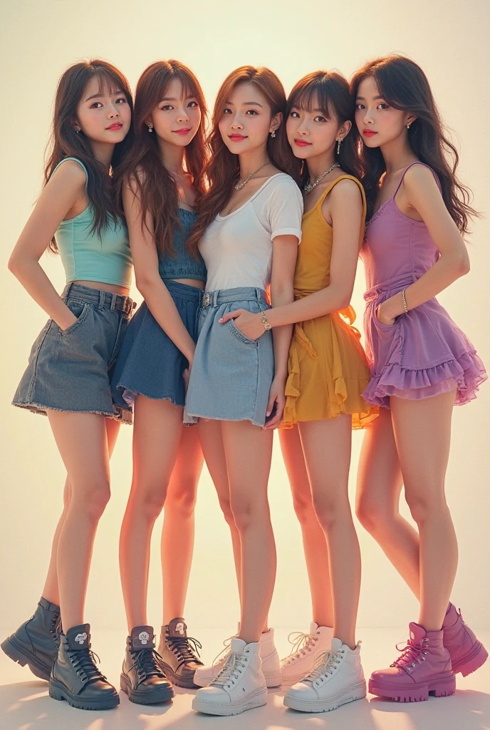 17-22 aged kpop girls. Make 3 of them look half american and korean and 3 of them fully korean. Concept photo. Make it look aesthetic and preppy. 5 members only. All of them wear different outfits. Some wear tennis skirts, some wear jeans and some wear shorts. Make it look like this is their debut album