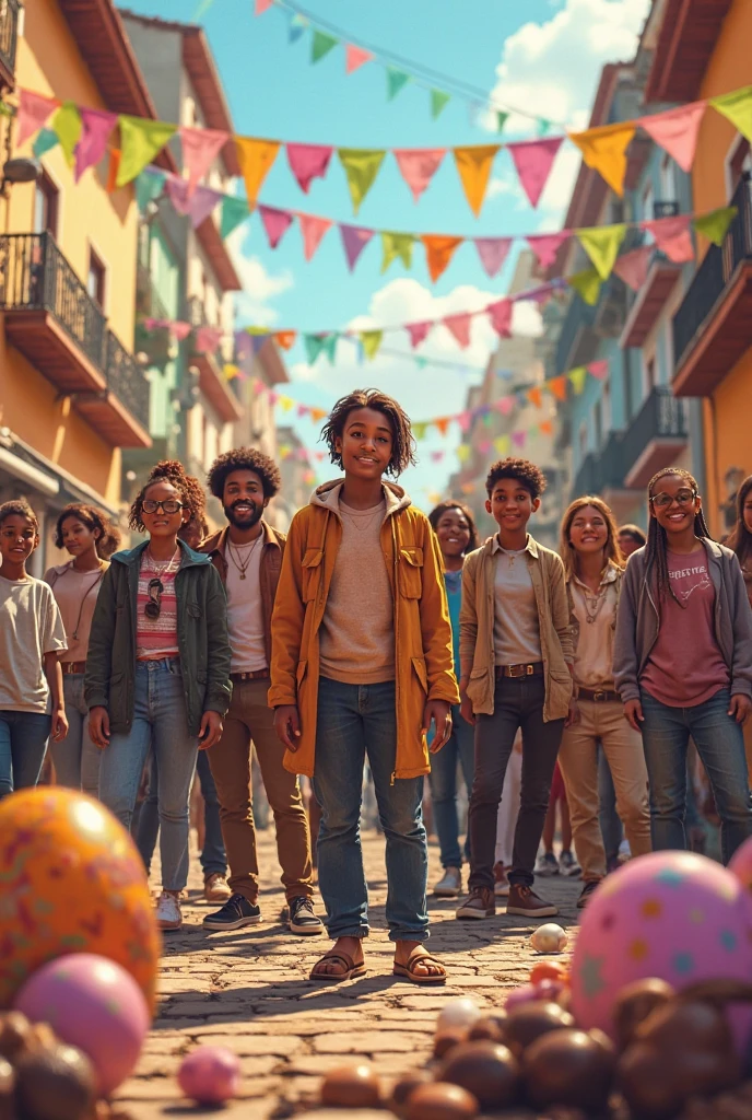 Image of four boys for a story in a dream of singers in Pixar format, They are the Hype Mob , They're the leaders of the band , They are extroverts, Playful and gets up for a lot of things , um e moreno da pele escura cacheado, Two other boys are curly and fair-skinned , um e moreno do cabelo moicano cabelo de cabelo preto , do filme viva a vida e uma festa