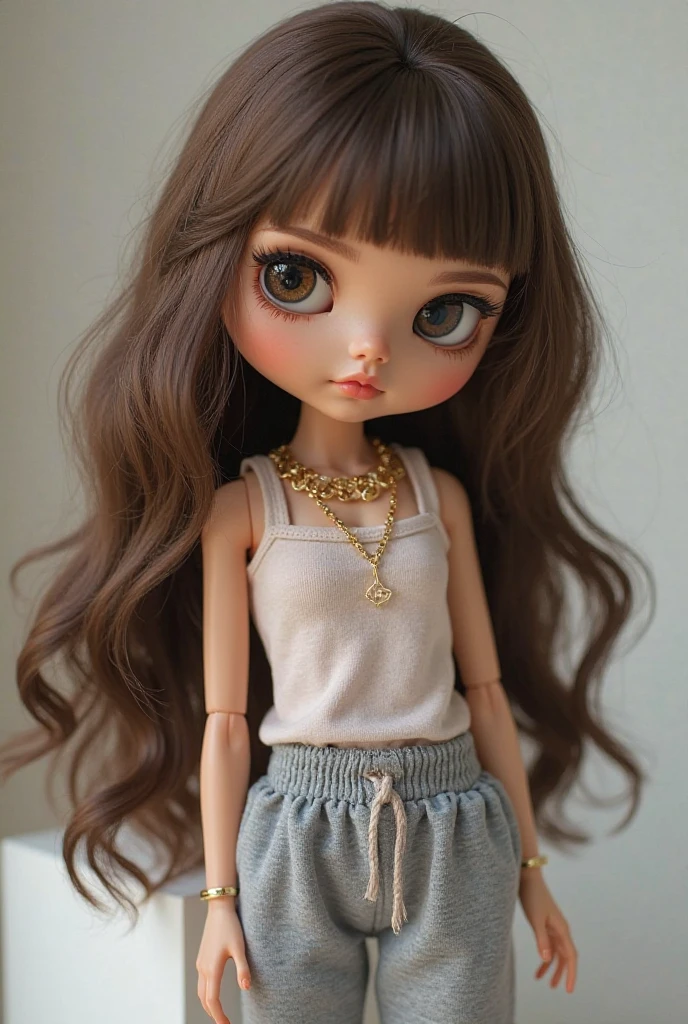 A blythe doll with long medium curly caramel-colored hair with curtain bangs, gold colored hoops, golden chains, Brown eyes, long eyelashes, a white long sleeve turtleneck and a beige coat and a jean mini skirt, big almond eyes, and a cute beige bag