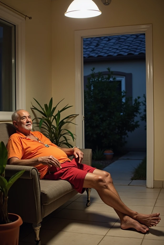 House by the sea, gray-haired 80-year-old old man sitting in a chair, close - up, open veranda, wicker rocking chair, blanket on legs, contemplation, horizon, Sundown, illustartion, hiquality, ultradetail, realistness, bright colours, scenery, Warm color tone, soft-lighting.