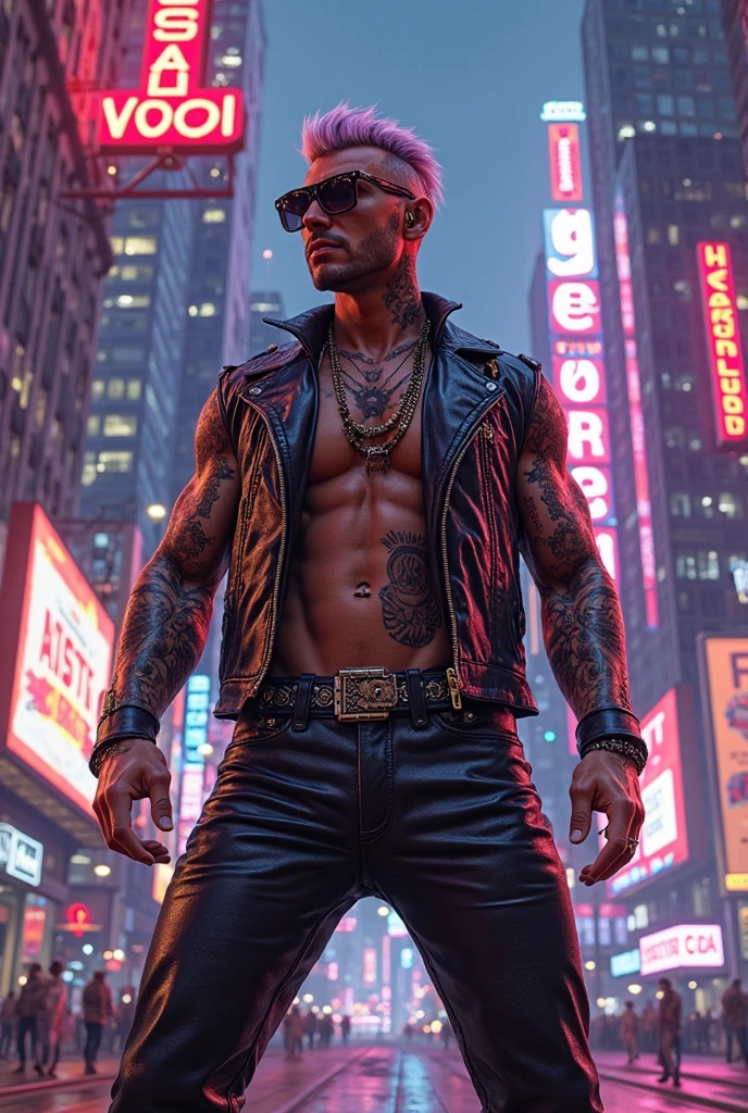 Tattooed male, man, shaved head, pointy mustache soul pach,(visinle, red glasgow smile scars) toll, slim fith, long leather coat, leather pants no shirt, black eye make up, summer night passing bi the club, line of hot,girls waiting to get in