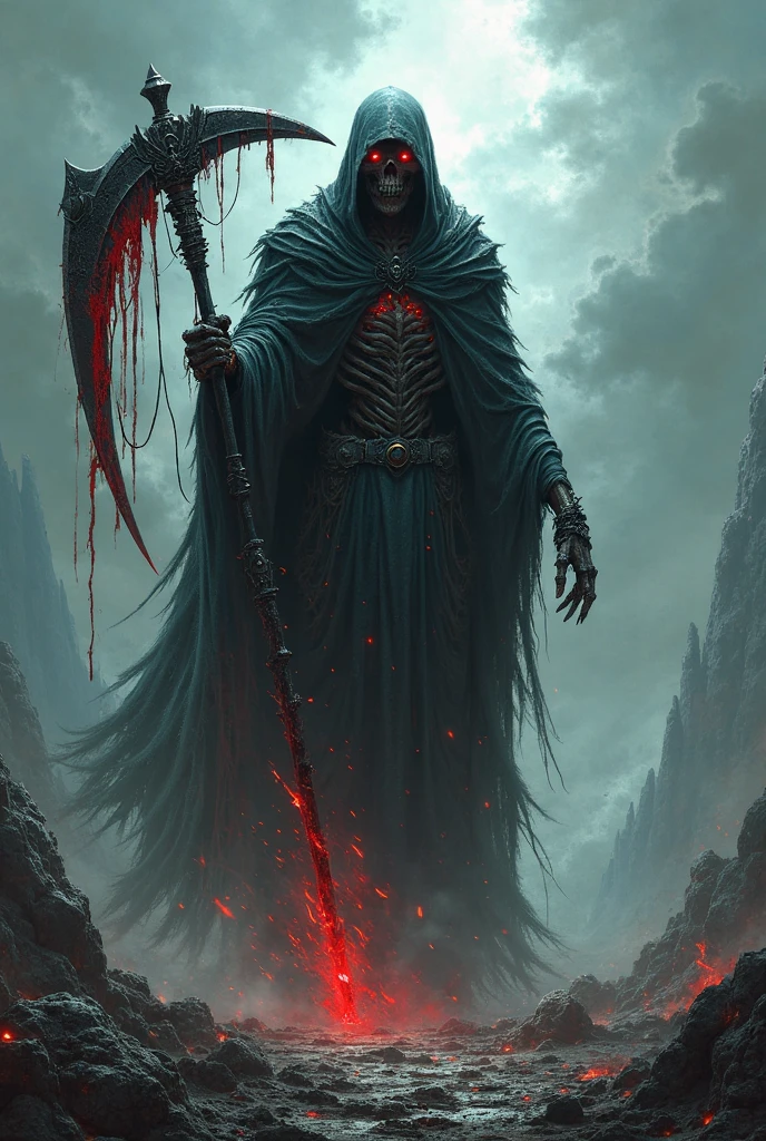 dystopian,Zdzisław Beksiński style,Black Skull Cave,Rained,up-close,Grandiose scenes,Marvel at the scene,Black metal skeleton zombie man,Wide shot, From below, From behind, Dutch angle,Blood flow,Scary atmosphere,Spooky atmosphere,MuCoi,Ultra-wide angle, Sony FE GM,Rivers of blood flow,River of blood,The skeleton bleeds,Bleeding from the eye socket bone,Bleeding from the bones of the mouth,Bleeding from the bones of the nostrils