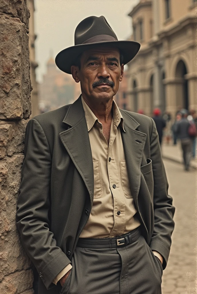 In 1900, an Italian immigrant man arrives in Brazil, in the Port of Santos, SP, he carries suitcases in his hands, take a colored photo with the colors of the time, realistic image, image in realistic colors, detailed, realistic image 20th century style, details realistic
