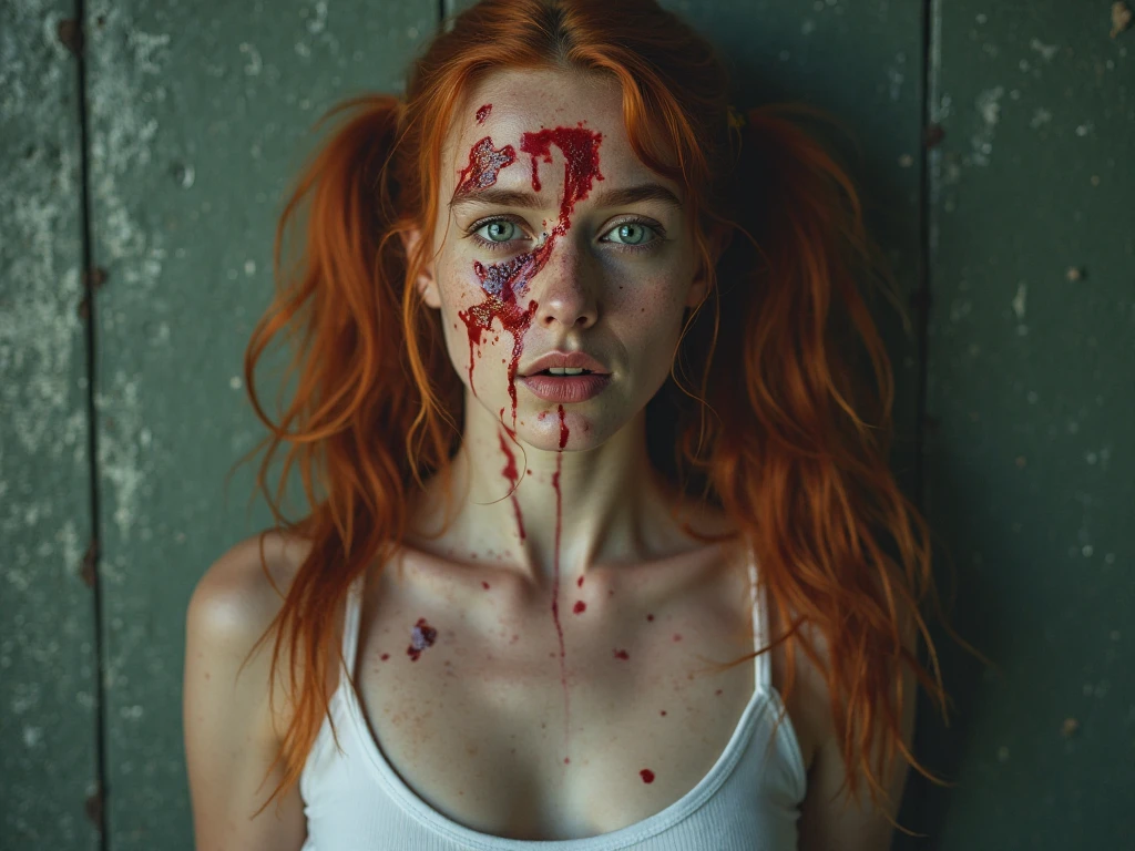 redhead woman in bloody clothes holding a silver knife making a murderous pose