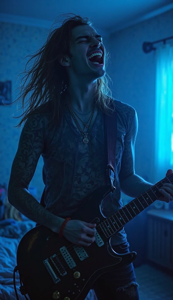 Create a realistic image of an 18-year-old male rock singer. He is white with long, waist-length red hair and blue eyes. His body is natural and athletic. He has a youthful and androgynous face, with striking beauty. He exudes the charisma and style of a rock star. Like a face Avril Lavigne Singer in 2002. Eyes perfect. Eyes BLUE detailed. Standing in front of the microphone. Wearing short jean shorts and no shirt.