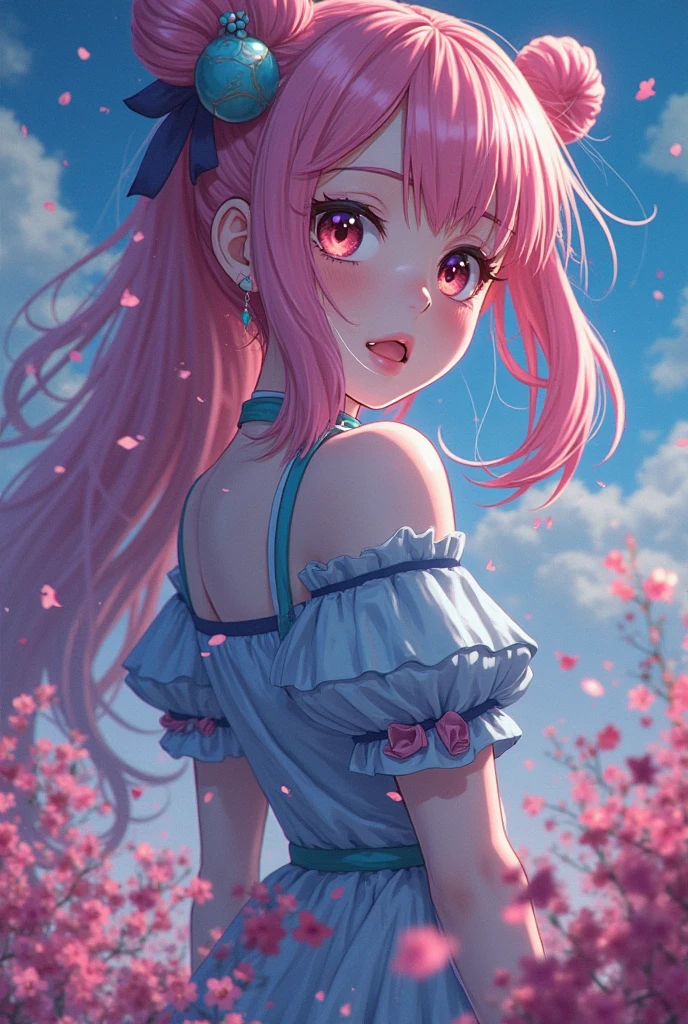 (8K, best quality, master piece: 1.2),super high resolution,1 girl, solo, full body ,ultra-detailed face, blush,  Rainbow hair, (Pigtails:1.3), thin hair clip, cyan colorshift eyes, expressive eyes, collarbone, Ecstatic expression, Midnight, Shining stars and shooting stars, coastline, flowy sundress with a floral pattern in pastel colors,above her knees, park, flowers and greenery
