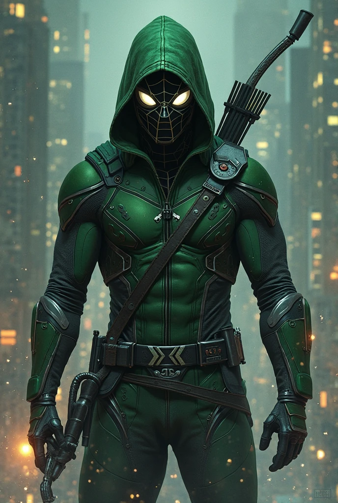 Futuristic Green Arrow suit with Iron Man armor style, the suit with red and some black lines and with a mask on the mouth
