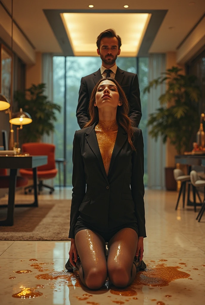 wife slave convulsions on the floor latex catsuit femdom sitting on chair naked with a towel around her body red lipstick in the sauna