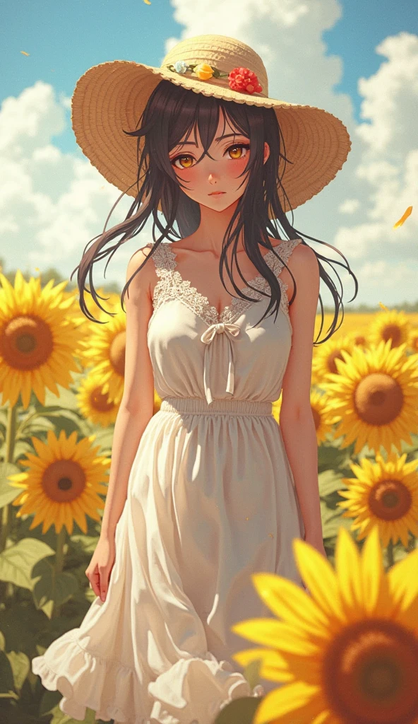 ((Girl in straw hat looking back in a field of sunflowers)),(backlight),(best illumination, best shadow, an extremely delicate and beautiful),Girl on the center axis of the picture,small breasts,((Sunflowers with the ultimate in detail)),beautiful detailed sky,Perfect body,(beautiful detailed face),extremely delicate and beautiful girls,Sunflower fields at sunset,sunset,black hair,beautiful detailed cloud,(((extremely detailed CG unity 8k wallpaper, masterpiece, best quality, ultra-detailed))),dynamic angle,floating,finely detail,(bloom),(shine),glinting stars,feather,nature,(sunlight),fairyland,(((The character is in the center of the frame))),, masterpiece,best quality,highly detailed,Amazing,finely detail,extremely detailed CG unity 8k wallpaper,score:>=60,, Cinematic Lighting,rim light,available light,light leaks,depth_of_field,blurry,
