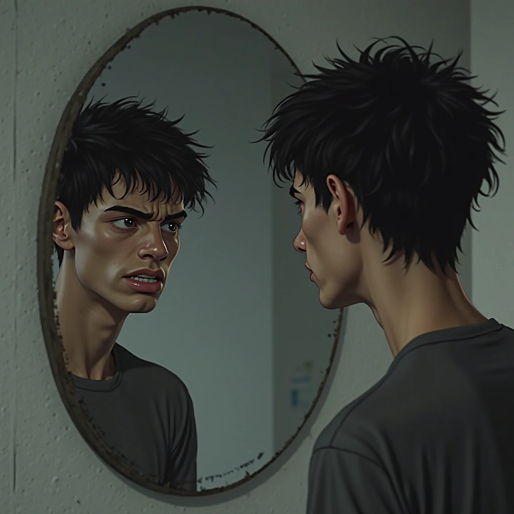 best quality, masterpiece, (realistic: 1.2), 1 man, Eren Jaeger, real life, live action, black jeans, black pants, brown hair, attack on Titan, long hair, abs, muscles, shirtless, sunset background, looking at the mirror, black jacket, fitness, fit body, slim body, high definition, high quality, gigachad, back muscles, back, leaning on a mirror