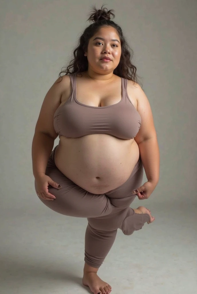 a slender young female, visible abs, full body shot, right profile, (severely obese:1.5), highly detailed, photorealistic, 8K, realistic lighting, cinematic composition, dramatic pose, piercing eyes, natural skin texture, dramatic shadows, warm golden hour lighting, realistic skin pores and imperfections, detailed clothing folds and wrinkles