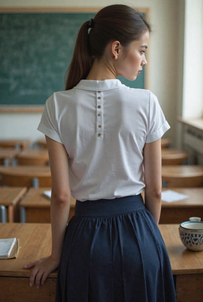 School girl in short skir tied up, arms behind back, submissive face