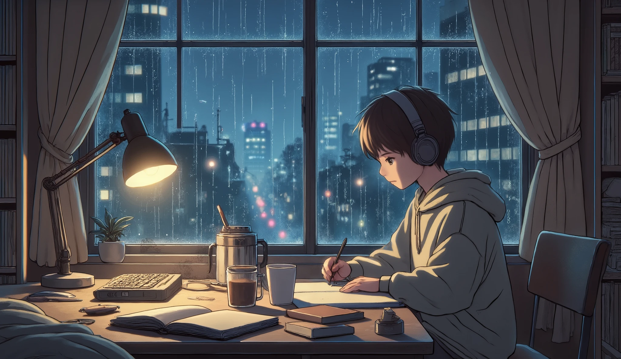 Imagine a quiet scene of a boy studying at night in his room. He is sitting at a table near a window, with books and notebooks scattered. Outside,  The rain falls softly , knocking on the window and creating a sense of calm. The soft lighting of the desk lamp reflects off the surface of the books, while the  is focused, writing in your notebook. He pauses to lightly shake his cup of tea or coffee, listening to the sound of rain helping concentrate.  The environment is silent ,  except for the sound of rain , o leve "scritch" of the pen and the sound of the cup being stirred.

Sound Effect :

The soft sound of rain hitting the window.

Sound of a pen sliding on the paper, annotating with focus.

The faint sound of a cup being stirred, with the liquid moving.

Smooth and deep breathing of those who are concentrated.

Distant city environments,  almost imperceptible , creating a sense of calm isolation.

(Best Quality) ( resolution 8k)  Animation in the rain and in the character.