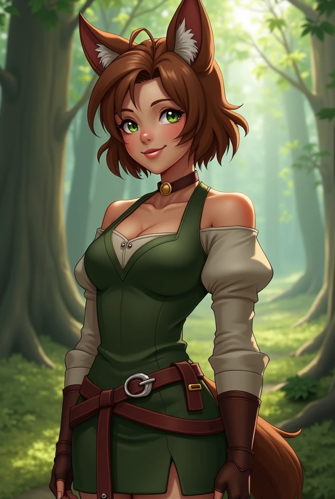 gorgeous tomboy duidess, clothes made of leaves, ivy, poison, vines, dandelions, dark red hair, pixie cut