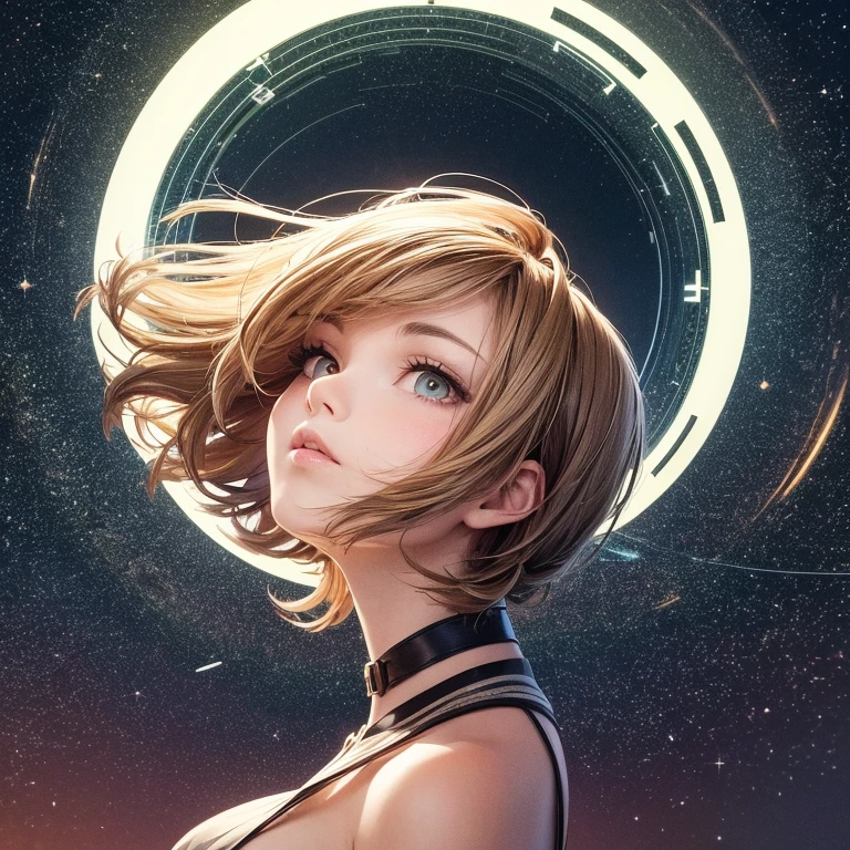 Design an abstract sphere with a looping band of cosmic energy swirling around it. The loop should emit a radiant light, and the sphere itself should have a starry, ethereal appearance