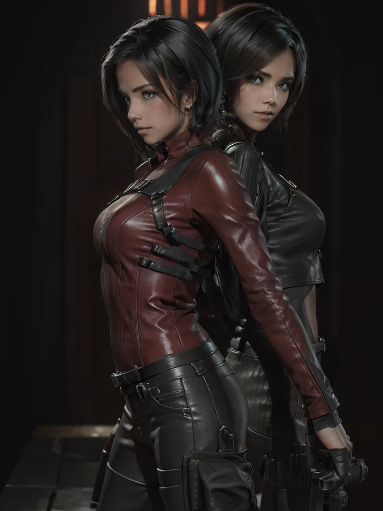 sexy Ada Wong and Jill Valentine from Resident Evil, touching eachother, intimate, full body shot, shot from head to toes, shot from behind, she is wearing sexy tight battle wetsuit with corsait, high overknee boots and high heels, pistol tight holster, wearing a vivid lipstick and makeup, her hands are crossed behind her backs, hands covered with chains, bondage, shibari, hands handcuffed, hands tied up, ((detailed skin texture)), ((high detail face)), seductive pose, full body shot, (realistic photo), (best quality), (detailed), HDR, (8k), (wallpaper), (cinematic lighting), (dramatic lighting), (sharp focus), (intricate), RAW photo, posing for camera, 8k uhd, high quality, film grain, by Craig Morey, from behind
