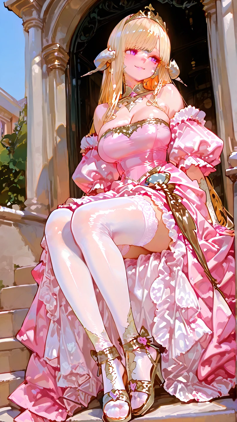 highly detailed skin, highly detailed face, (beautiful detailed eyes, the girl smiles, red cheeks), (One girl is standing), The girl is a cute 18 year old maid, ((no panties, Cute, thin pubic hair)), (Not wearing a bra, small breasts, cute nipples), ((pink high heel shoes)), Pink maid costume, short skirt, white tights, Cat-eared headband, Short blonde hair, Emerald eyes, beautiful earrings, Inside a crowded casino, ((Photographed from the front so that the girl's whole body is included)),