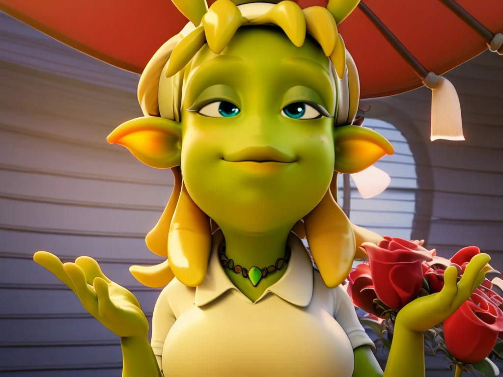 Peridot, (green skin:1.1), (yellow shades, visor), forehead jewel, blonde hair, diamond (shape) on chest, bodysuit, sleeveless, looking at viewer, smiling, happy, teeth, medium shot,
standing, inside a cozy kitchen, cooking, pot of soup, oven, window, dusk, twilight sky, high quality, masterpiece, <lora:Peridot-10:.8>