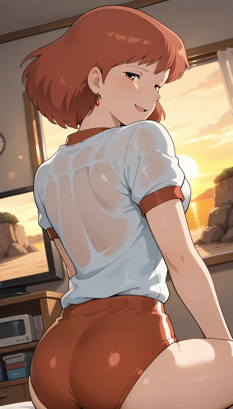 (Masterpiece), Best Quality , ultra-detailed, 1girl (Gwendolyn_Tennyson, breasts, naked body, orange hair, short hair, green eyes, half-closed eyes), a come-hither face, wicked smile, parted lips, solo,  sundress,(wet, see-through), forest, in the mountain cabin, night time, dark lighting, dance, sexy dancing, come-on, spread arms, wet body , strong wind, rains, skirt lift, love juice flows out of her pussy, from_below , (Back, behind, Shows ass: 1.3)