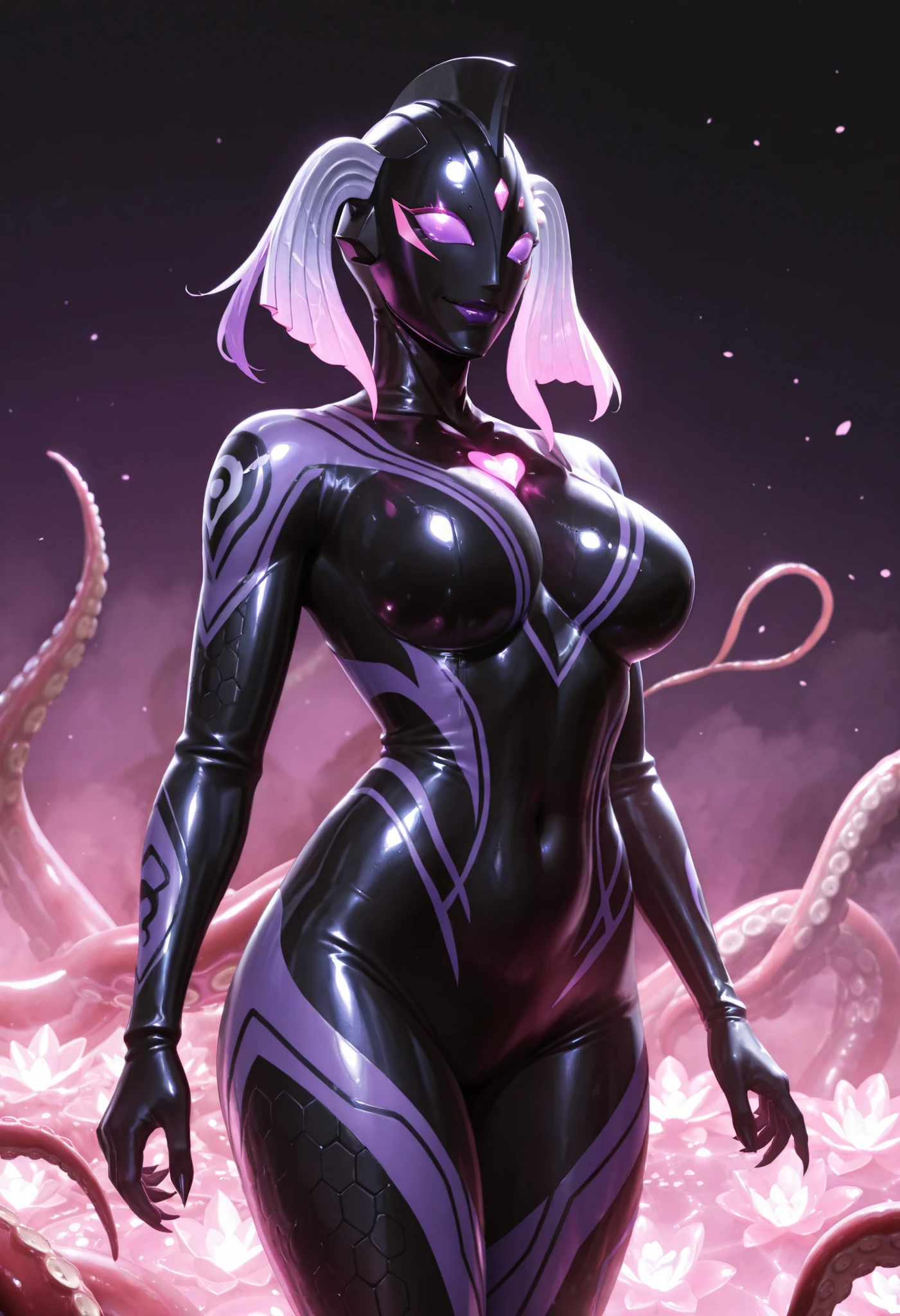 Ultraman Style Girl. Covered in black and purple skin. Black metallic full mask. Robot lips. Villain eyeshadow. Pink lines. Glowing crystals on chest. Sharp claws. Firm breasts. Curved waist. Thighs. Inorganic face. Armor-like skin. Honeycomb-patterned skin. Elements of the Cthulhu Mythos. Humanoid Cthulhu. Fusion with tentacles. Octopus tentacles. A glowing pink heart tattoo. Biological light-emitting organ.