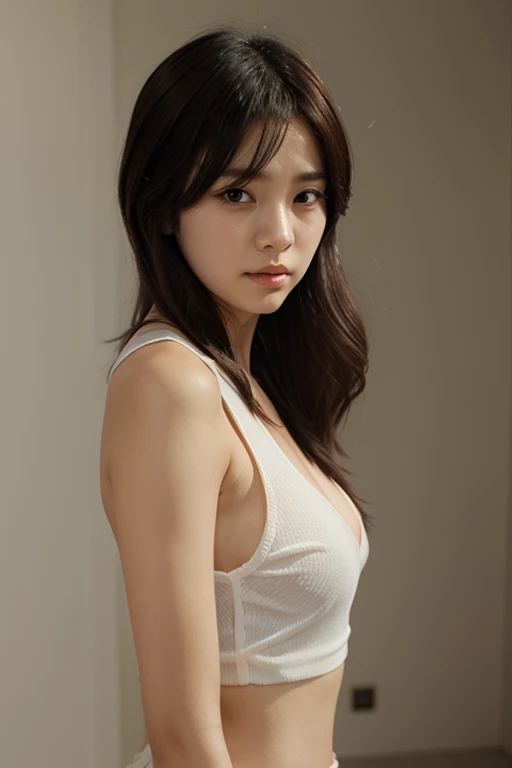 highly detailed, beautiful, hyper Realistic girl, masterpiece, best quality, Depict a mysterious and sophisticated beautiful Japanese gravure model,, 28-years-old, identity hidden, all body shot, / gray arranged hair, small head, Detailed face, cute and Pretty slim face, wide Duck mouth, perfect beautiful Tooth, arranged gray hair, shiny eyes, blue-colored eyes, Realistic skin, Detailed face, / (highest quality), (Ultra-detailed), (Lift up your shirt、Underboob:1.3), (Detailed light), (Very delicate and beautiful、、Jacket、White T-shirt:1.3), 1. Young Girl, Brown Hair, Brown eyes, model, highest quality, Highly detailed CG synthesis 8k wallpaper, High-definition RAW color photos, bright、Sexy pose、(Are thin:1.4)、Slightly 、Beautiful breasthort hair、((Naughty pose、I can see your thighs))、Cowboy Shot //// simple white single room, gray frame mirror, complicated background /// takes a selfie in her room using a smartphone in front of a mirror with one hand, standing and fashion model Posing, all body below shot, looking away from the camera,